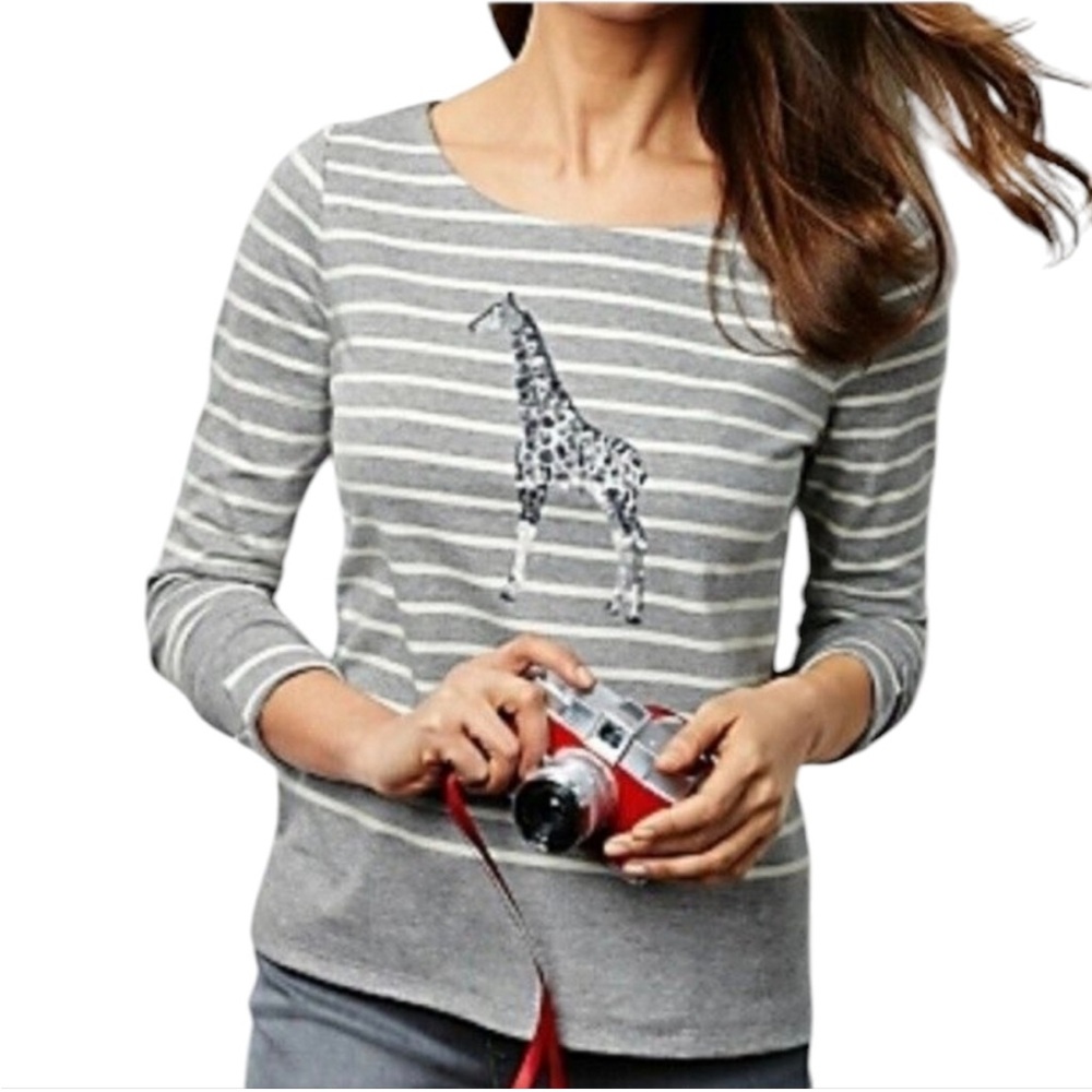 Talbots Gray and White Striped Cotton Sequin Giraffe Long Sleeve Top | Medium